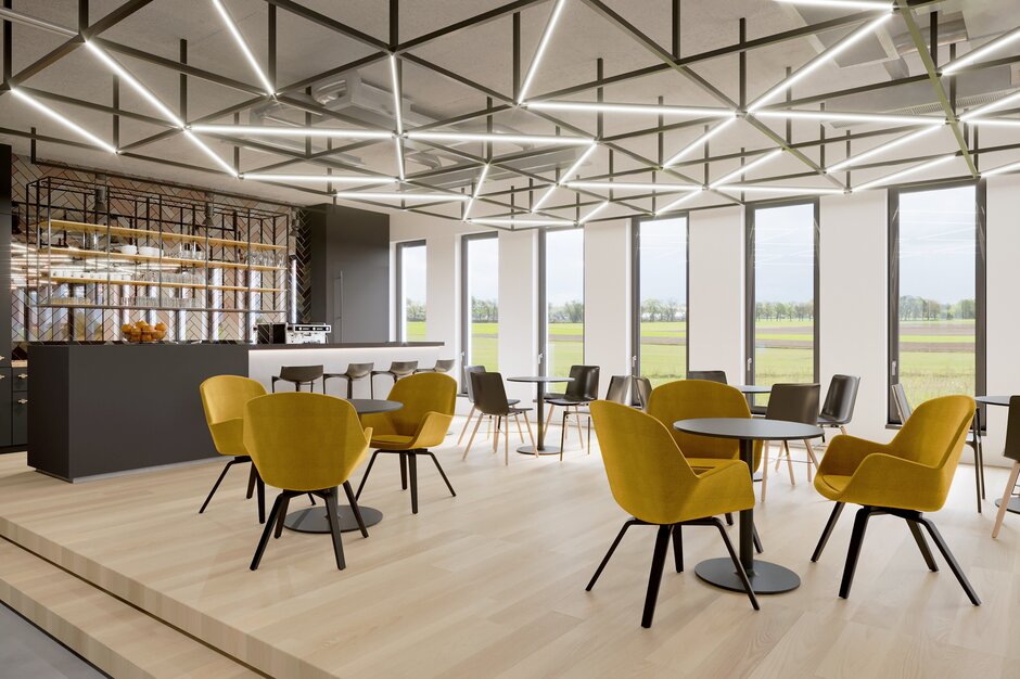 Cafébereich mit gelben pulse Stühlen. | © Studio Perspektiv